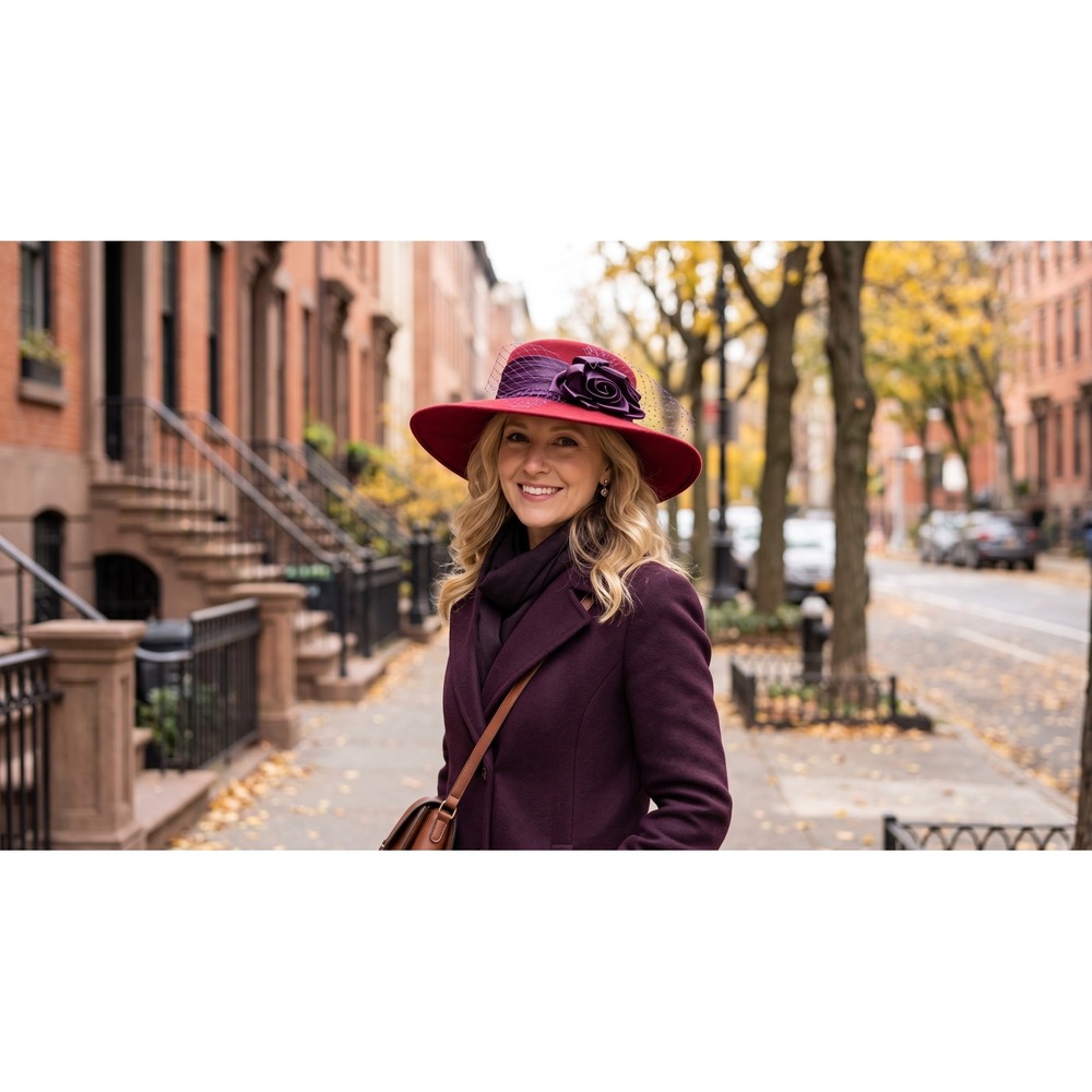 Baxter Wells Hat Women OS Red Wool Felt Wide Brim Purple Flower Net EXCELLENT